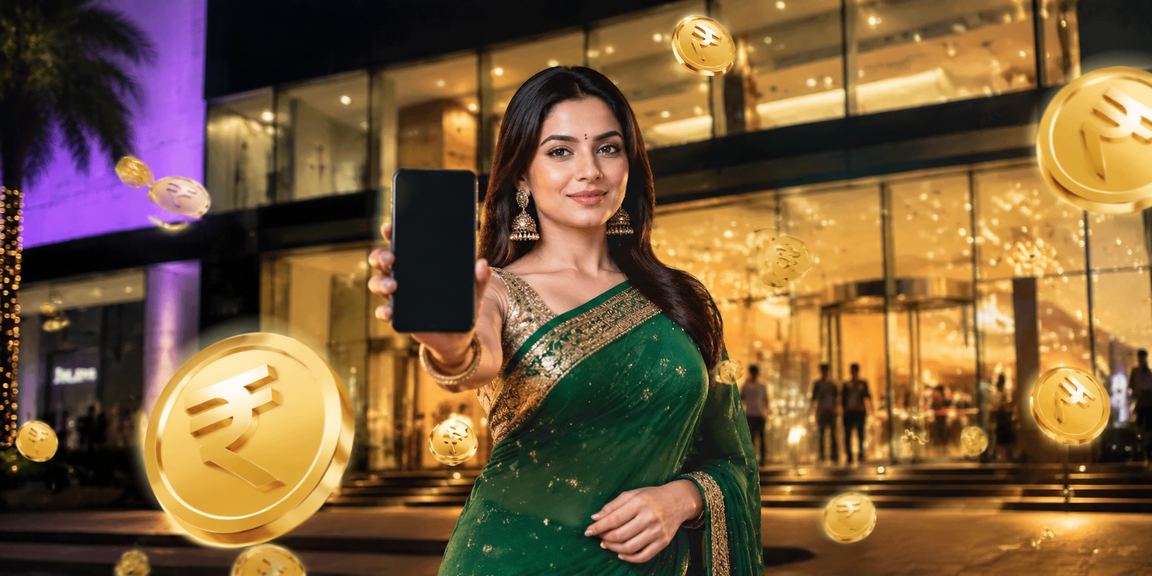 Indian woman enjoying sports betting on mobile in traditional saree